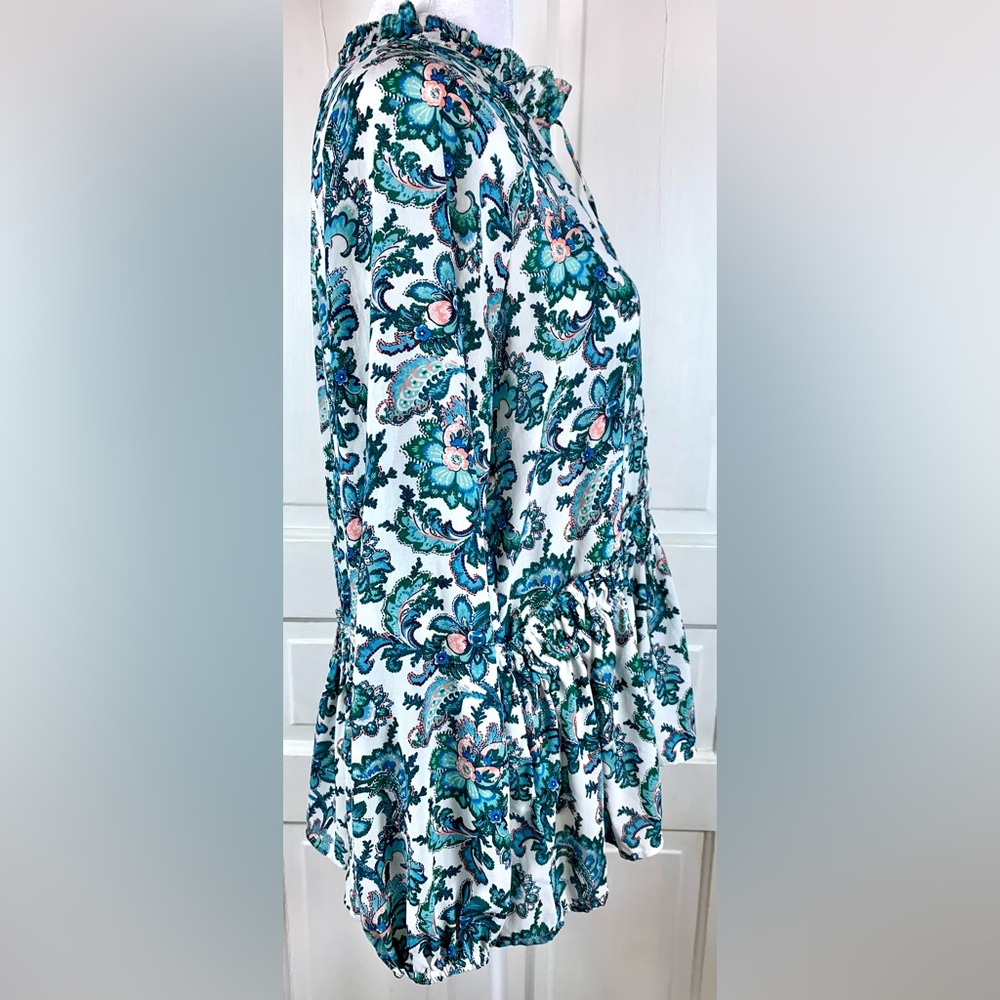 Loft Floral Paisley Ruffle Bottom Long-sleeved Blouse w/ String Tie - Picture 8 of 11